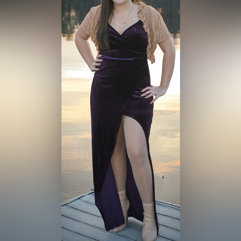 Stretch Plum Purple Velvet Slip On With Leg Slit Dress. Size L.